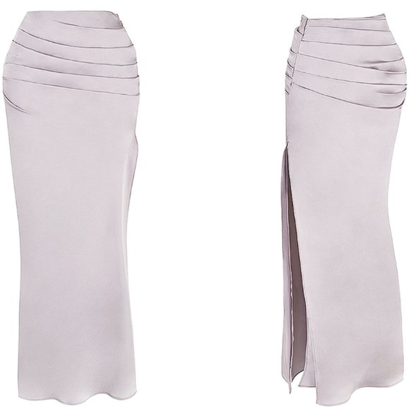 HOUSE OF CB 'Jia' Grey Satin Gathered Maxi Skirt NWOT - Picture 6 of 9